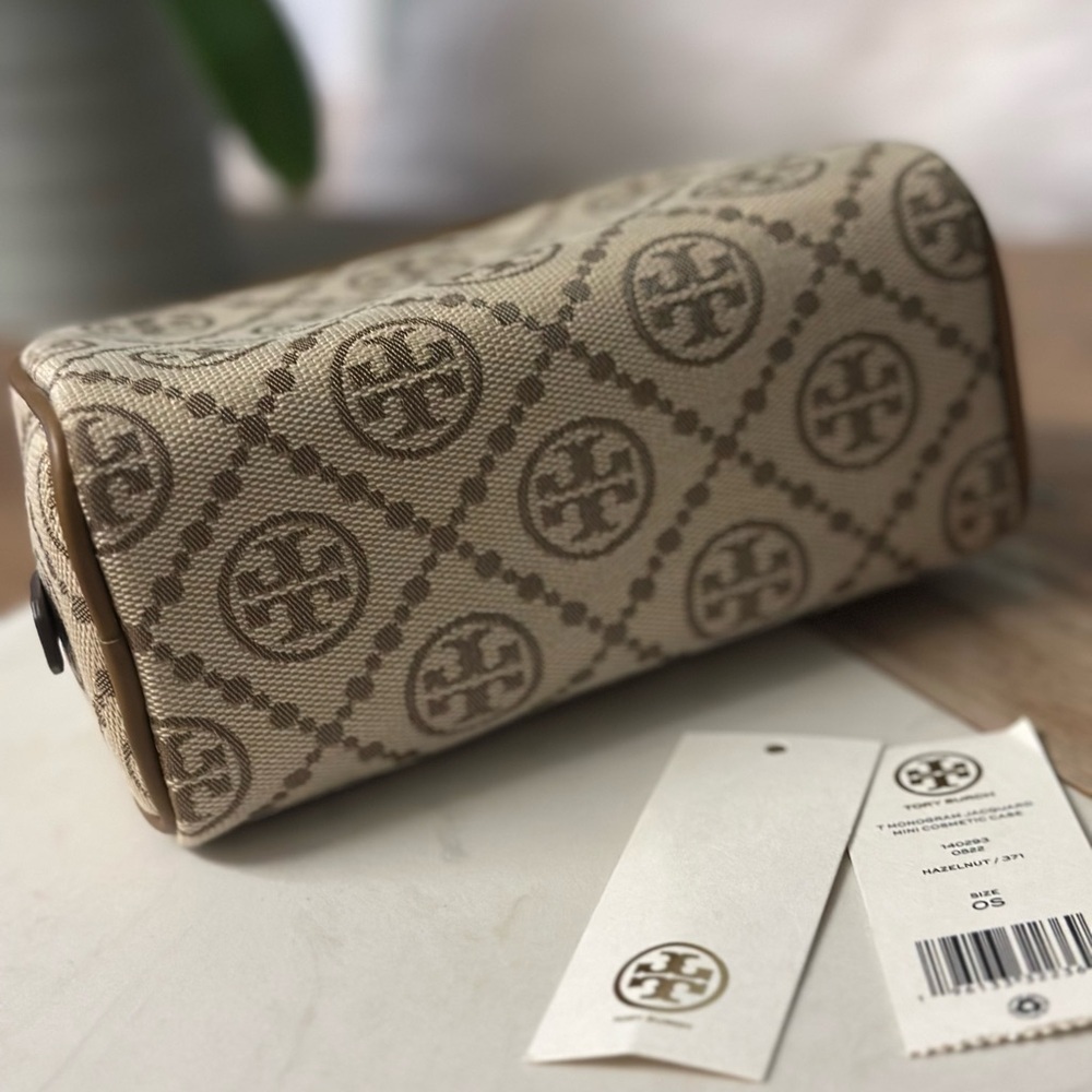 NWT! NEW! Tory Burch T Monogram Jacquard Cosmetic Pouch hazelnut women - Picture 4 of 6